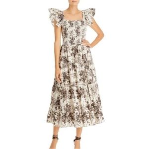 LINI Ophelia Smocked Flutter Sleeve Midi Dress Black Ivory Floral XS. Worn once
